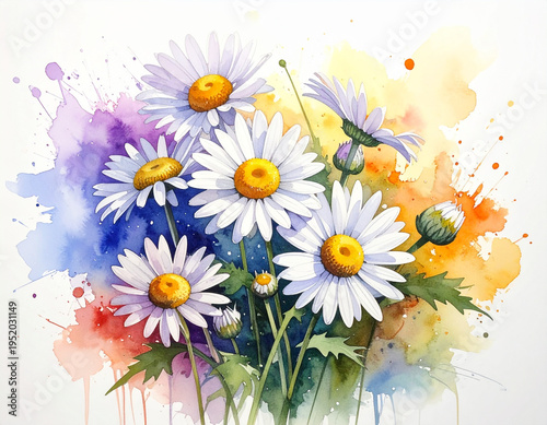 Vibrant Watercolor Illustration of Cheerful Daisies Blooming, with Delicate Brushstrokes and a Colorful Abstract Splash Background, Capturing Nature's Serenity