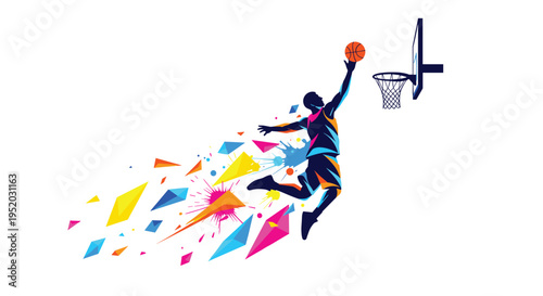 A vibrant vector illustration shows a basketball player in mid-air performing a dunk, surrounded by colorful geometric shards and paint splatters.