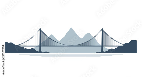 A minimalist vector illustration features a suspension bridge with two towers over water, set against a backdrop of three layered mountains.