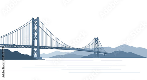 A majestic suspension bridge with intricate blue steel cables and towers spans a calm body of water, with distant hazy blue mountains forming a layered backdrop under a clear white sky.