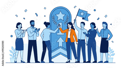 Team celebrates milestone achievement with star symbol and confetti in blue tones