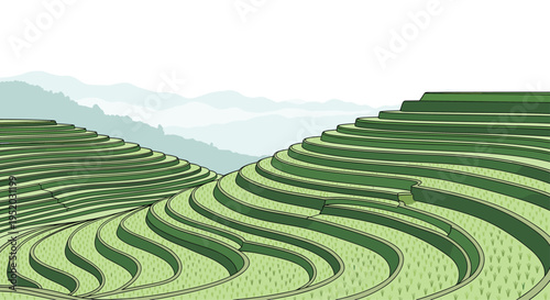 Vast, meticulously sculpted green rice terraces stretch across the foreground with intricate winding patterns, as hazy layered mountains recede into the distance under a muted sky.