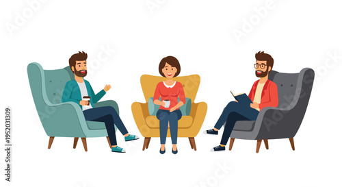 Three people are comfortably seated in separate armchairs, conversing and reading while holding beverages in a minimalist setting.