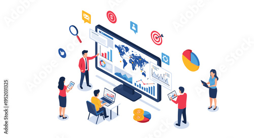 Six business professionals analyze data on a large monitor displaying a world map, charts, and graphs, surrounded by digital icons.