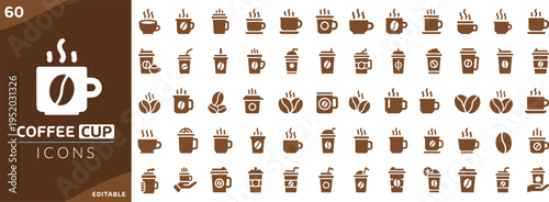 Coffee mug and tea cup vector icon set. Coffee cup icon vector set. Coffee cup icon set with hot drink mug espresso takeaway and cafe beverage symbols collection in flat vector style