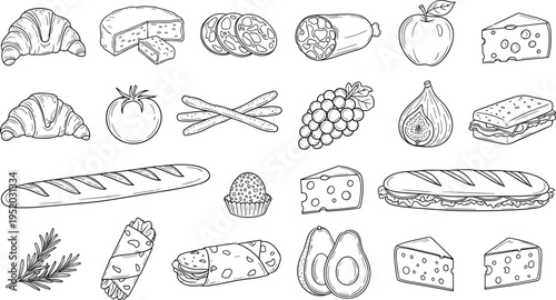 Hand drawn food icons set featuring bakery cheese fruits sandwiches and deli items in clean line art style isolated vector illustration collection