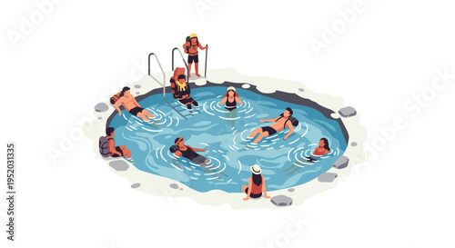 Ten people, some with backpacks, are relaxing and swimming in a natural hot spring pool with distinct rocky edges.