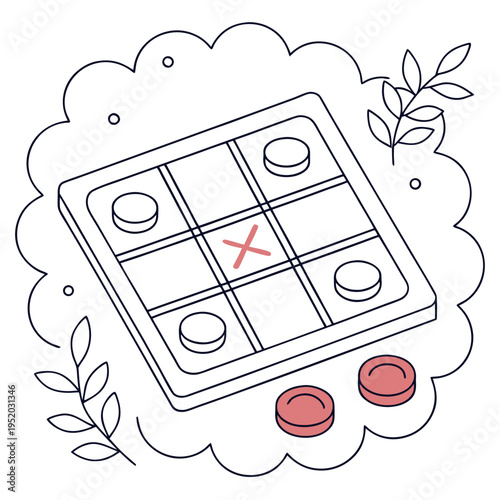 Isometric tic-tac-toe game board with circular pieces and central red cross highlighting move