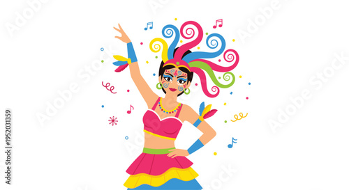 A vibrant female carnival dancer in a pink crop top and layered skirt poses dynamically with a swirling, colorful headdress, surrounded by music notes.