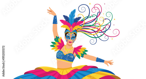 A dazzling female carnival dancer in a blue sequined top, layered skirt, and a feathered headdress, wearing a mask and striking a pose.