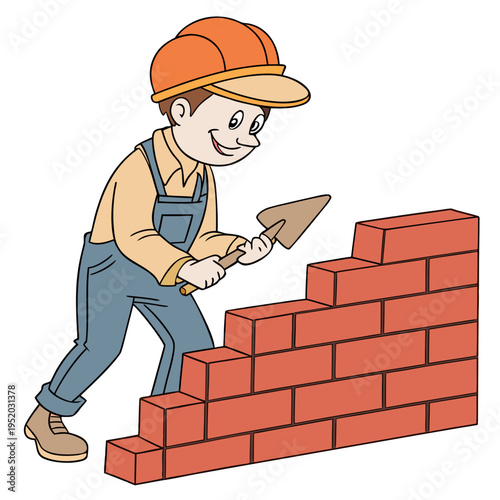 Skilled cartoon bricklayer in hard hat constructing red brick wall with trowel for construction trade