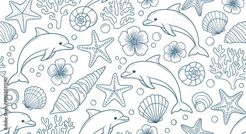 Seamless marine pattern with dolphins starfish seashells and coral in clean line art style ocean themed background for nautical design fabric wallpaper wrapping paper