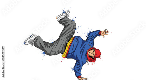 A male breakdancer in a blue hoodie and red cap performs an inverted freeze pose, highlighted by red and blue paint splatters.