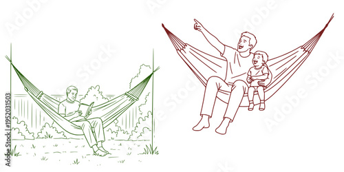 Mini set of vector scenes of a man in a hammock: Father and child relaxing in a hammock and enjoying nature  