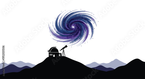A solitary observatory building and a large telescope stand on a dark mountain peak, gazing at an abstract swirling spiral galaxy.