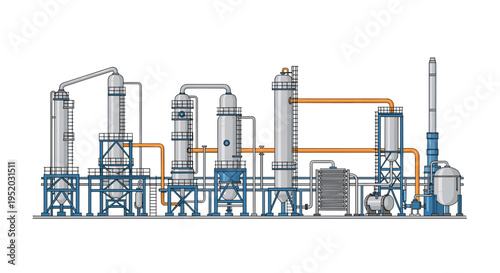 A detailed illustration displays a complex chemical or oil refinery plant with numerous interconnected towers, pipes, and tanks on a white background.