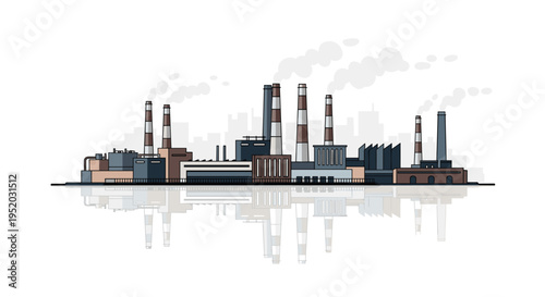 A flat illustration showcases a sprawling industrial factory complex with smoking smokestacks, a distant city skyline, and a clear reflection below.