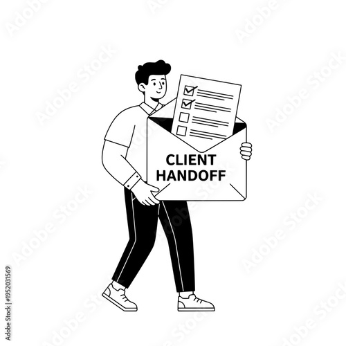 Client handoff illustration with checklist envelope for projects or Professional handoff graphic showing client transfer and checklist