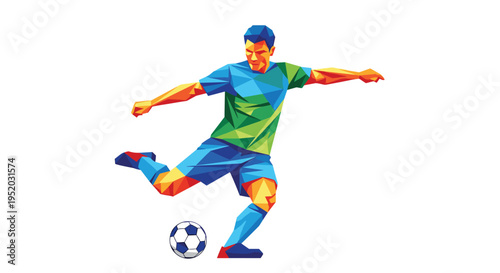 A striking, geometrically rendered illustration portrays a solo soccer player in a powerful kicking stance with a ball on a pristine white background.