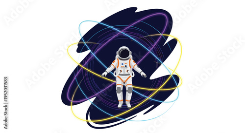 A detailed astronaut in a white suit floats centrally in dark space, encircled by multiple glowing neon-colored rings.