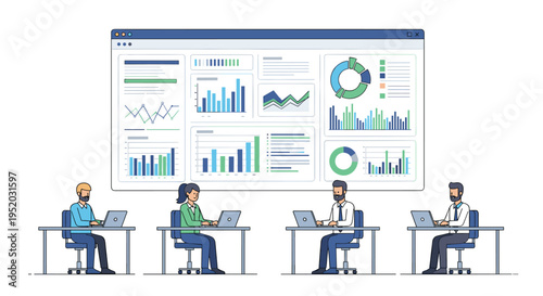 Four individuals are working on laptops at individual desks, positioned in front of a large screen displaying multiple data dashboards and charts.