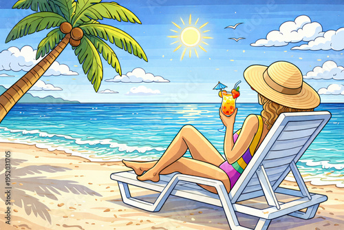 Bright illustration of woman relaxing on beach chair with cocktail by the sea. Summer vacation concept.