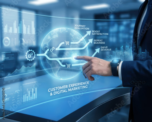 Customer experience digital marketing monitor feedback stars support excellent customer satisfaction drive repeat business boost customer Customer experience and digital marketing concept