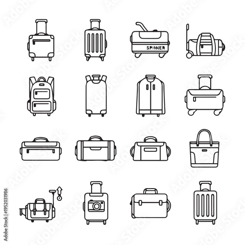 Collection of Luggage and Travel Bags Icons Simple Line Art