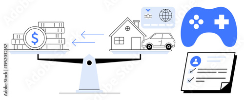 Coins and assets balanced on a scale with arrows showing exchange. Includes game controller, checklist, and web icons. Ideal for finance, investment, budgeting, comparison, choices priority