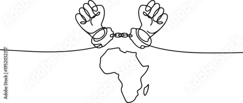 Continuous one line drawing 2 clenched hands with broken handcuffs and the African continent. Commemoration. Unity of the people. African Liberation Day. One line draw graphic design vector