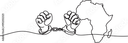 Continuous one line drawing 2 clenched hands with broken handcuffs and the African continent. Commemoration. Unity of the people. African Liberation Day. One line draw graphic design vector