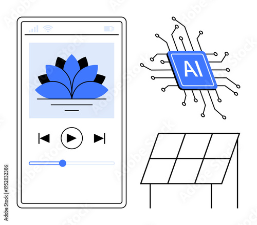 Artificial intelligence, renewable energy, digital interfaces, innovation, sustainability, smart tech. AI chip, smartphone interface solar panel. Innovation and artificial intelligence concepts