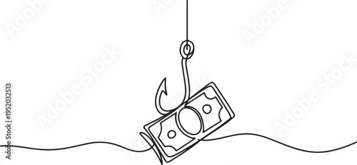 Continuous one single line drawing money bait financial trap, dollar on hook icon vector illustration concept. One line draw graphic design vector