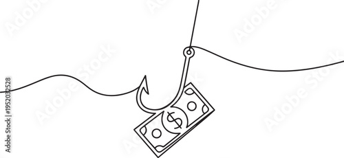 Continuous one single line drawing money bait financial trap, dollar on hook icon vector illustration concept. One line draw graphic design vector