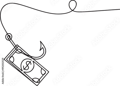 Continuous one single line drawing money bait financial trap, dollar on hook icon vector illustration concept. One line draw graphic design vector