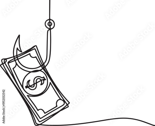 Continuous one single line drawing money bait financial trap, dollar on hook icon vector illustration concept. One line draw graphic design vector