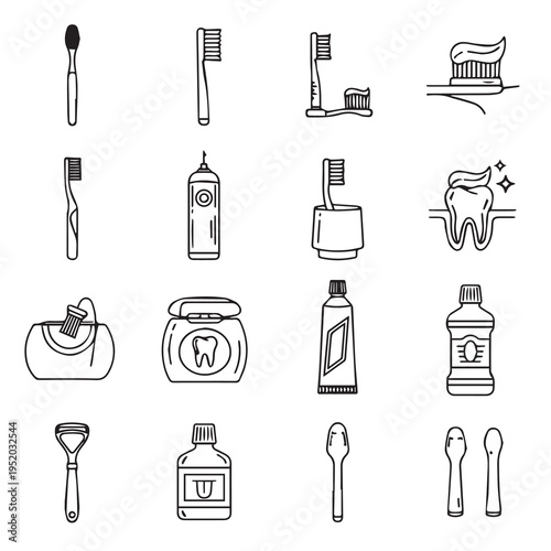 Dental Hygiene Icons: Toothbrushes Toothpaste Floss Mouthwash Razor Spoons