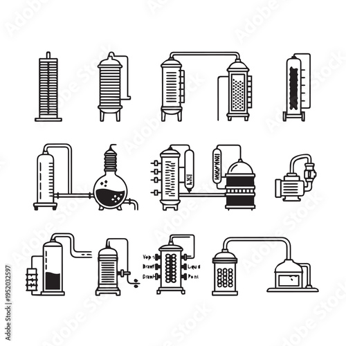 Distillation Apparatus Icons Set Laboratory Equipment Industrial Process Scientific Instruments