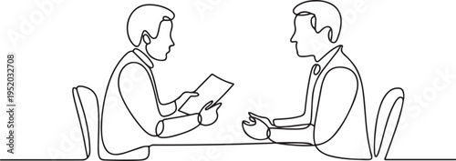 Job interview. Vector simple composition of one continuous line depicting a recruiter and a candidate. One line draw graphic design vector