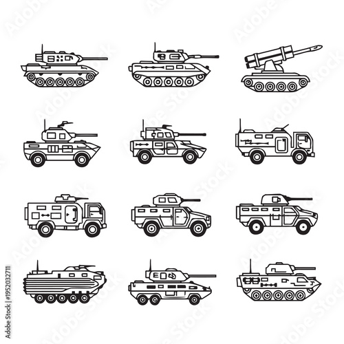 Diverse Military Vehicles Collection Line Art Icons Vector Illustration