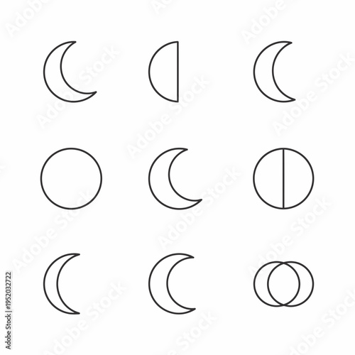 Set of Moon Phases Icons Simple Line Art.