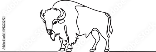 One single line drawing of elegance buffalo for conservation national park logo identity. Big strong bull mascot concept for rodeo show. One line draw graphic design vector