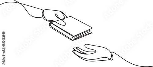Single one line drawing Hand Giving Book. Sharing knowledge concept. One line draw graphic design vector