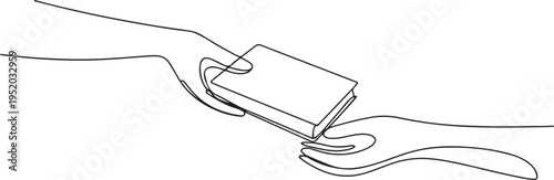 Single one line drawing Hand Giving Book. Sharing knowledge concept. One line draw graphic design vector