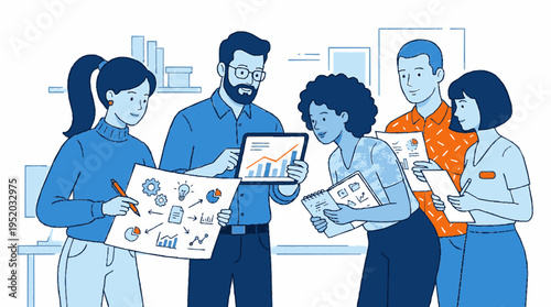 Diverse coworkers collaborate with documents and tablet in modern office setting with blue tones