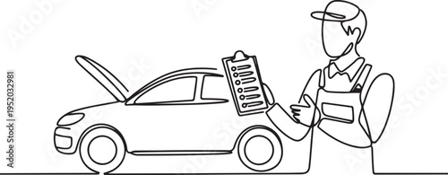 Single one line drawing Mechanic show the car checking list for customer. Auto service concept. One line draw graphic design vector