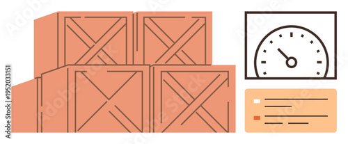 Supply chain, logistics, inventory management, storage solutions, shipping efficiency, delivery timelines. Stacks of crates beside a speedometer and checklist. Supply chain and logistics concept