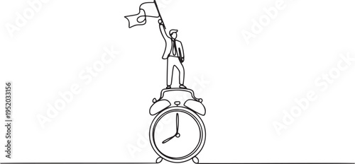 Single one line drawing young businessman standing on giant alarm clock raising flag in the hand. Enjoy business success when the deadline ends. One line draw graphic design vector