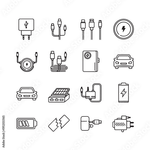 Electronics Charging Accessories and Power Icons Line Art
