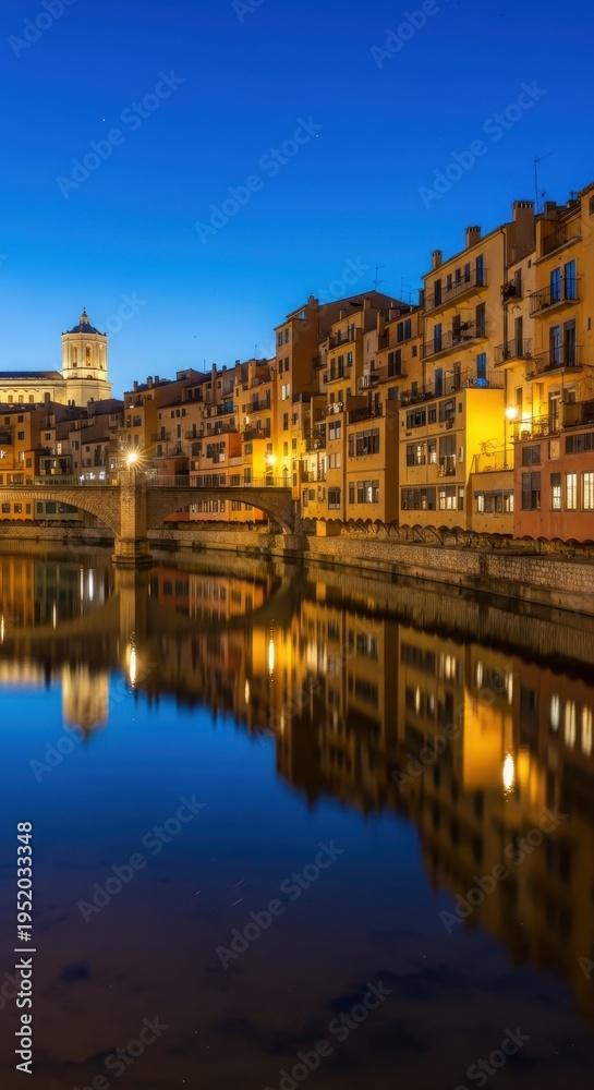 Obraz premium Picturesque Girona at Night - Reflections on the Onyar River.